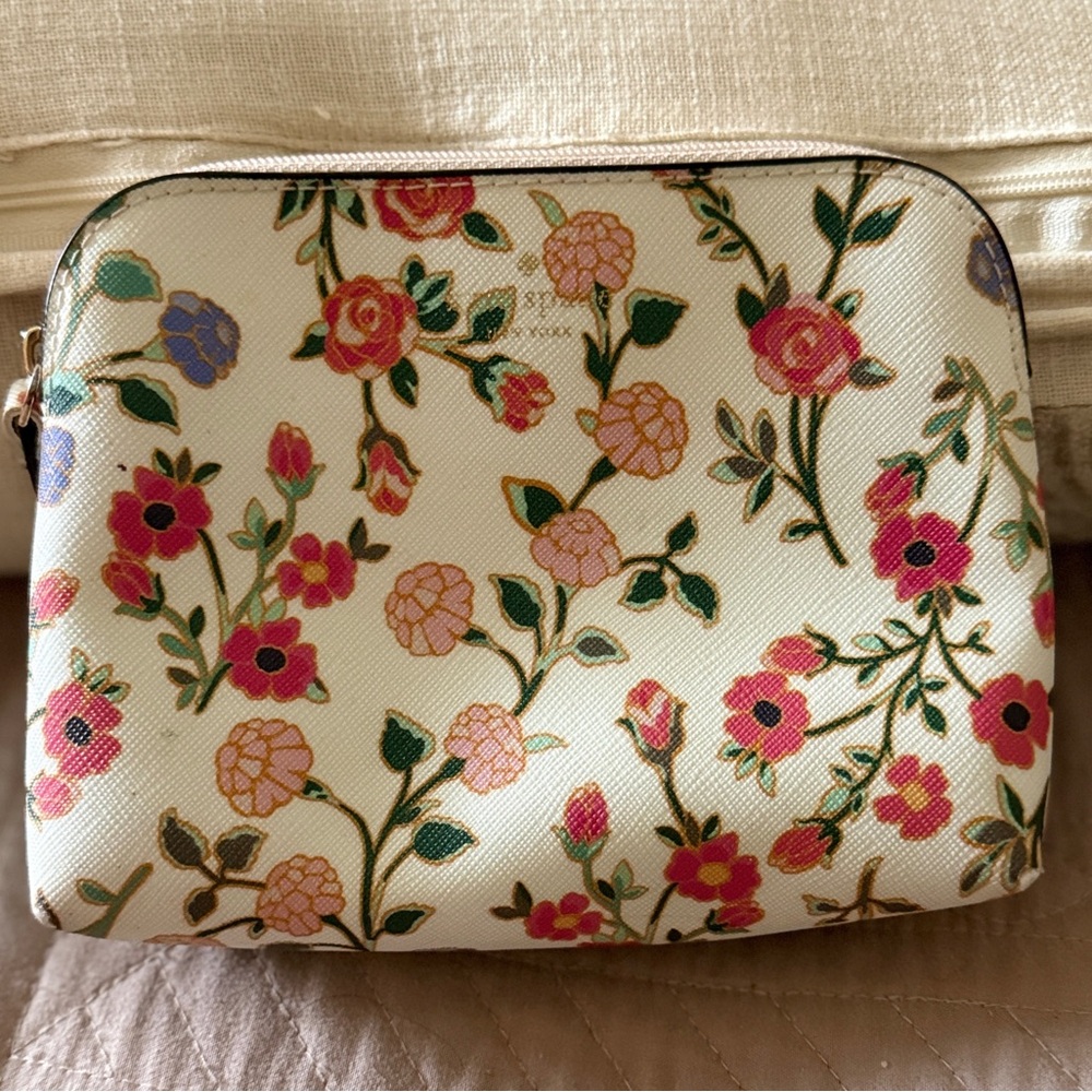 Floral Print Zip Pouch - Pink & Green on Cream